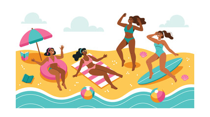 Diverse Women Enjoying Summer Beach Activities: Relaxation, Sunbathing, Surfing, and Fun in the Sun with Sea, Sand, and Beach Accessories