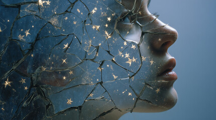 Surreal Portrait of Woman with Broken Glass and Starry Sky Overlay