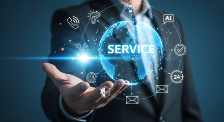 Digital Customer Service Globe Projection – AI Tech Support Icon Network in Hand, Background. 