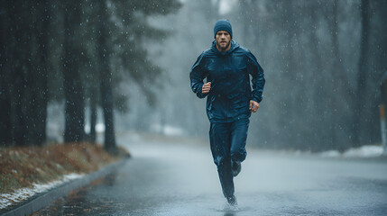 Determined runner embracing rainy weather challenge