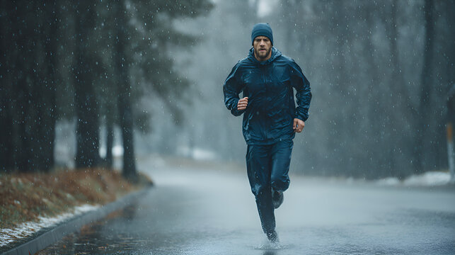 Determined runner embracing rainy weather challenge