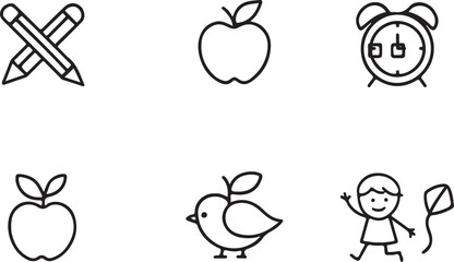 Back to school doodles featuring writing tools fruit and an alarm clock with child like drawings in black and white