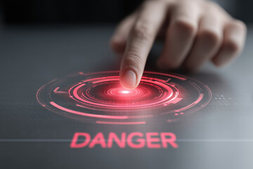 Human hand touching a virtual screen with a red hologram danger threat alert icon on a grey background. 
