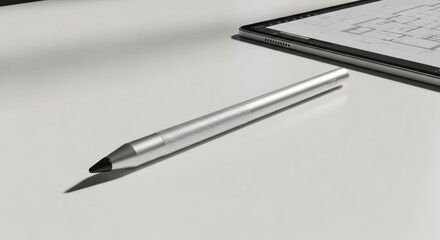 Sleek silver stylus rests on a white surface near a tablet