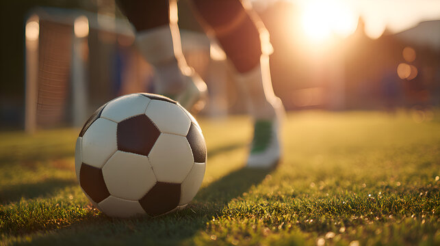 Goalkeeper preparing to kick soccer ball on field at sunset