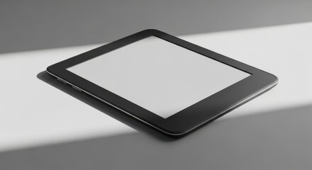 Modern e reader device displaying blank white screen on a light gray surface