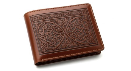 Elegant brown leather bifold wallet with intricate embossed celtic knot design
