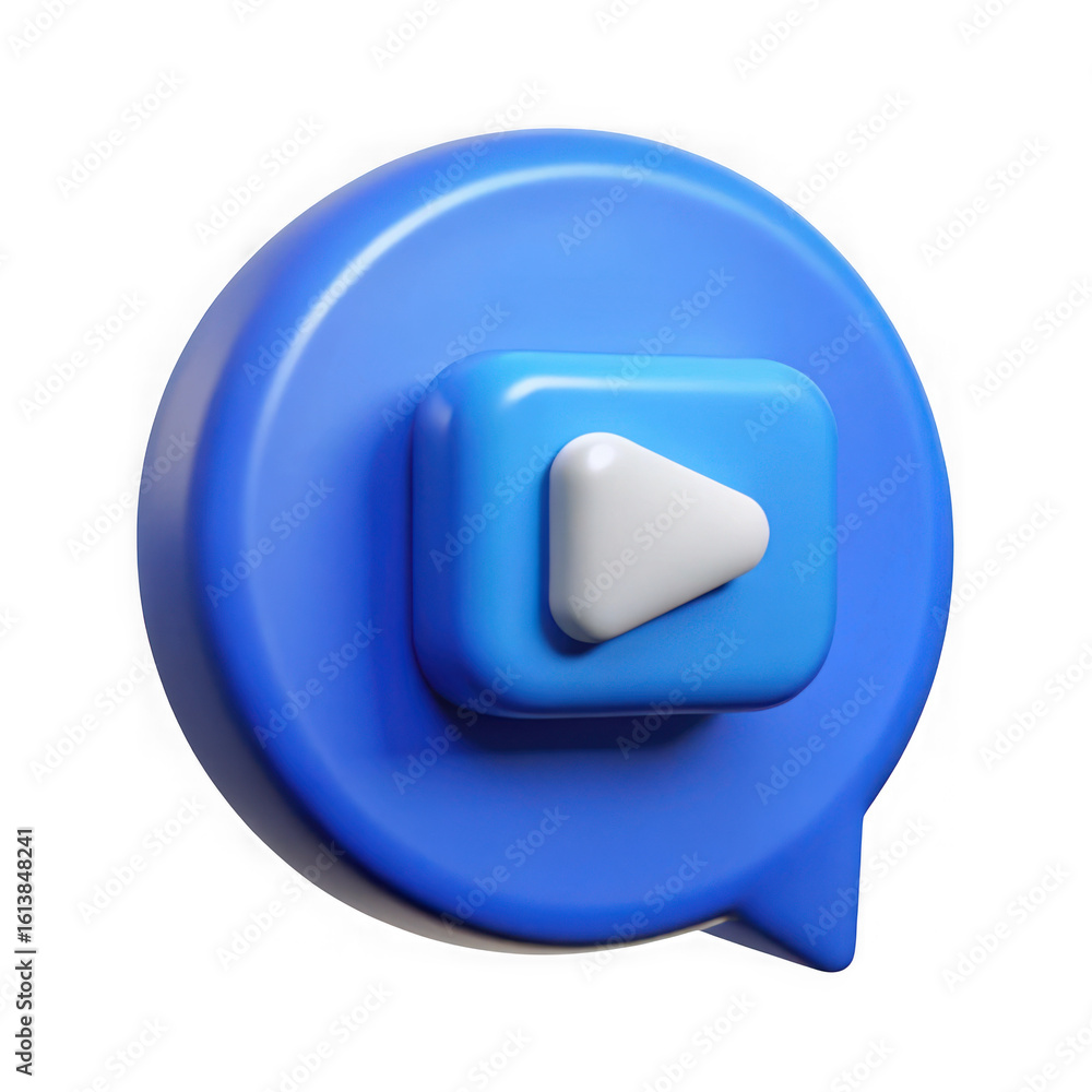 Poster blue 3d play button icon inside a speech bubble isolated on transparent background