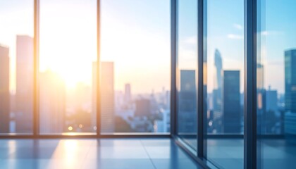 Blurred cityscape through large office windows.