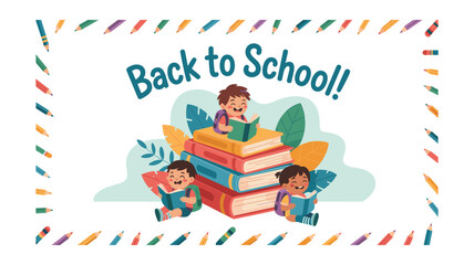 Cheerful Back to School Illustration with Kids Reading Books and Colorful Pencil Border for Educational and School-Related Design Projects.