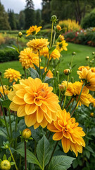 Vibrant yellow dahlias blooming in a garden flowers