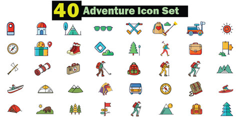 Fototapeta premium Collection of 40 colorful adventure and travel icons with outdoor activities camping