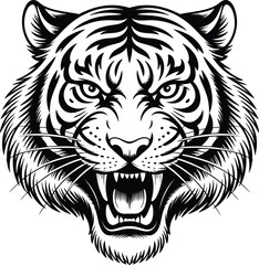 Aggressive Tiger Face Black and White Illustration