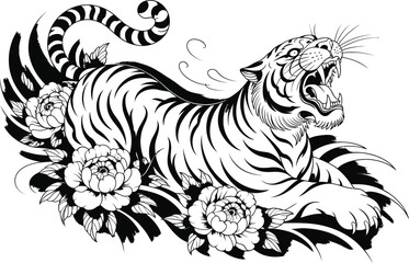 Fototapeta premium Roaring Tiger with Peonies Illustration animal big cat