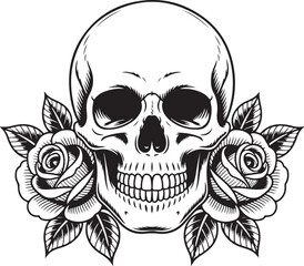 Obraz premium Detailed Skull and Roses Vector Illustration for Tattoo Art and Dark Themes