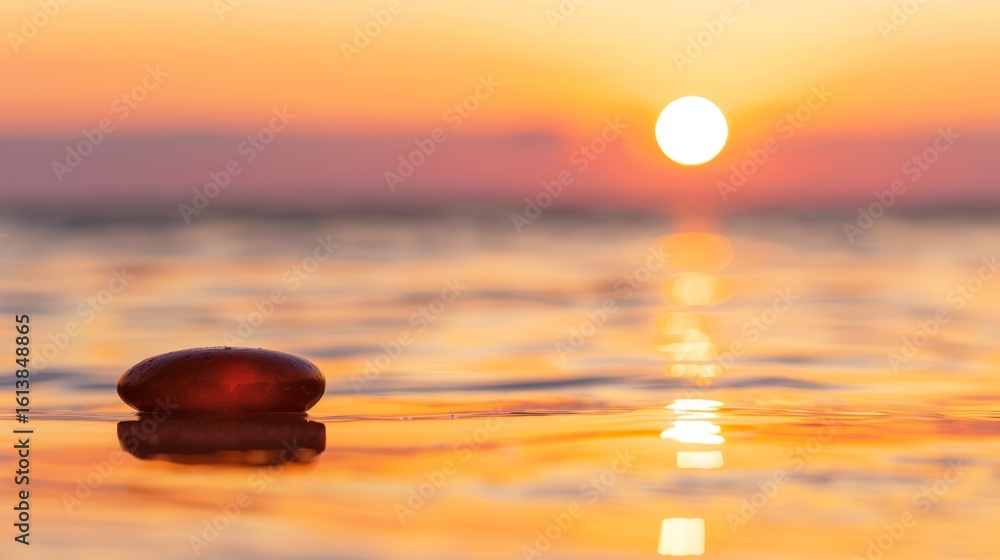 Poster tranquil shoreline closeup of smooth dark stone resting on wet sand at water's edge during calm rece