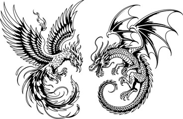 Fototapeta premium Dragon and Phoenix Fighting Illustration mythical creature