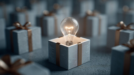 Bright Idea Light Bulb on Gift Box Presents Innovation Concept