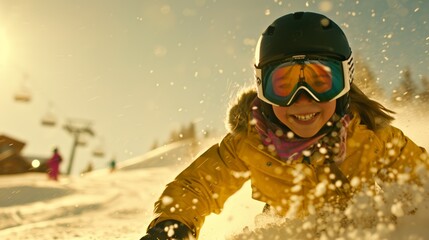 Excited young female snowboarder carving through fresh alpine snow on a steep slope with sunlight reflecting off goggles and dynamic motion blur creating an energetic winter scene