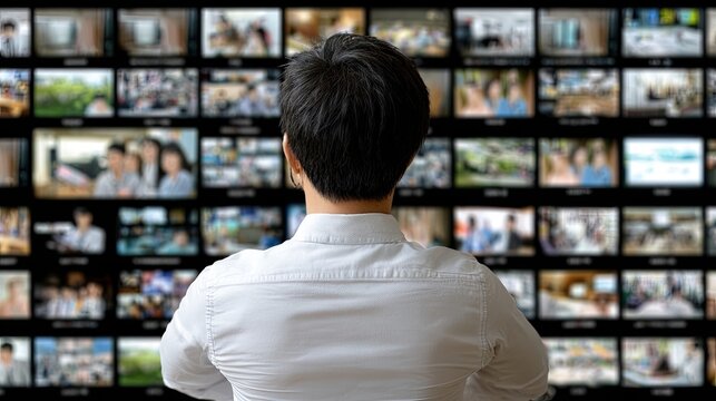 The man stands before screens, reflecting on personal experiences that showcase technology's impact