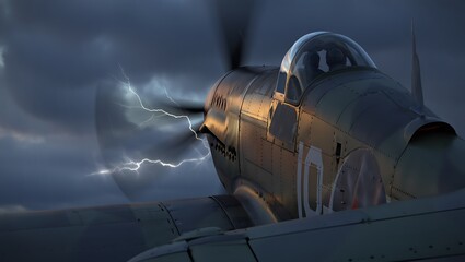 Obraz premium Vintage World War II Fighter Plane Flying Through a Dramatic Thunderstorm with Lightning Strikes and Dark Cloudy Skies during Historical Airshow