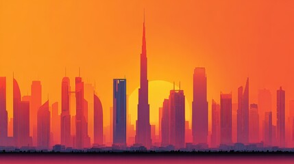 Obraz premium City skyline silhouette with tall buildings and a vibrant orange sunset backdrop