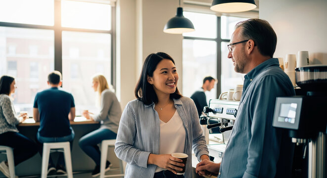 Two diverse colleagues having a friendly conversation during a coffee break in a bustling office canteen. - Powered by Adobe