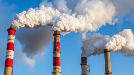 Industrial smokestacks releasing thick white smoke into a clear blue sky, showcasing environmental impact and industrial activity in a modern urban landscape