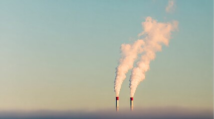 Industrial smokestacks releasing white smoke into the clear blue sky, showcasing environmental impact and energy production in a modern industrial landscape