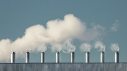Industrial smokestacks releasing white smoke against a clear blue sky, showcasing environmental impact and industrial activity in a modern urban landscape