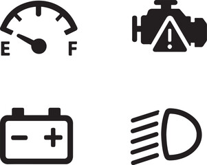 Car Dashboard Symbols Indicating Fuel Level Engine Trouble Battery Charge and Headlight Status for Vehicle Maintenance Awareness