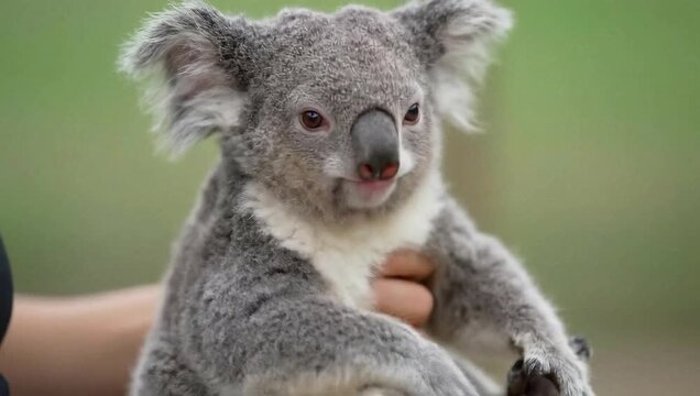 Close-up of a baby koala being bottle-fed by a human hand, with its tongue out and a calm expression