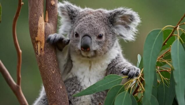 Close-up of a koala gripping a tree and reaching for eucalyptus leaves with a soft green background