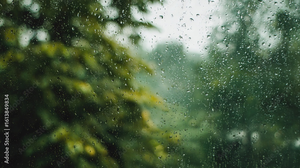 Poster a window with raindrops on it and a tree in the background, where the tree is blurry in the foregrou