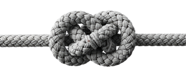 Gray rope knot with intricate design on a transparent background, cutout PNG