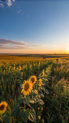 Fototapeta premium Golden sunflowers bathed in warm sunset light field