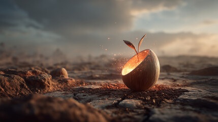 Conceptual Sprout Growing From Seed Shell On Barren Land Symbolizes New Life