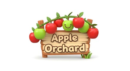 Cartoon Apple Orchard Sign with Cute Apples on a Branch