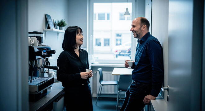 Two diverse colleagues enjoying a friendly conversation by the espresso machine in a modern office breakroom.
