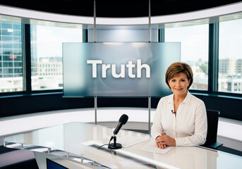 A confident female news anchor presents a broadcast about Truth, symbolizing honest journalism and reporting facts.
