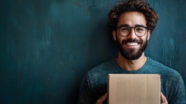 Confident businessman presenting a parcel box with a charismatic smile