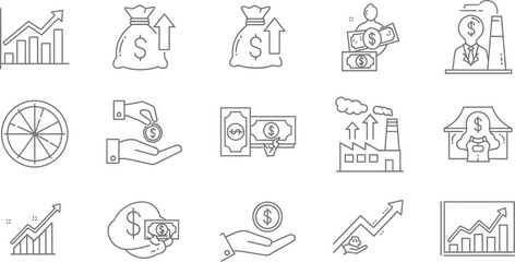 Various line art icons depicting finance growth and economic concepts