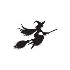 Witch on broom silhouette. Classic witch flying on a broom silhouette, perfect for eerie themes.