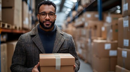 A focused warehouse worker handling a parcel with a digital tablet