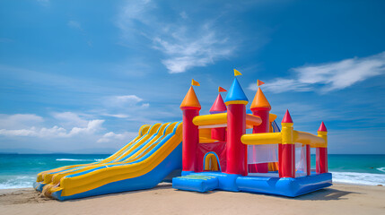 Inflatable bouncy castle and slide standing on sandy beach by the sea