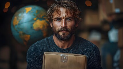 Serious businessman holding parcel box with globe in the background