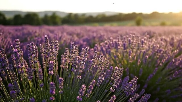Lavender field at sunset with soft breeze in countryside.