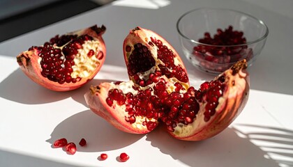 Vibrant Red Pomegranate Slices Displayed on White Surface with Glass Bowl under Bright Sunlight