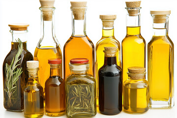 Assortment of gourmet cooking oils, including infused olive oil and vinegar, in glass bottles on a white background.