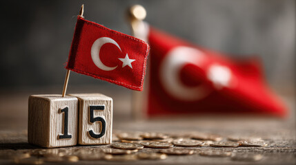 15temmuz for powerful colours signs editable pride vote occasion concept. 15 July Turkey national flag with coins on wooden table, symbolizing democracy and unity